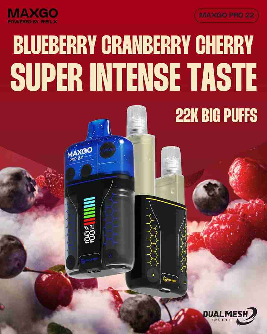 RELX Maxgo 22k Disposable Vape Box of 5 -with Blueberry Cranberry Cherry flavour