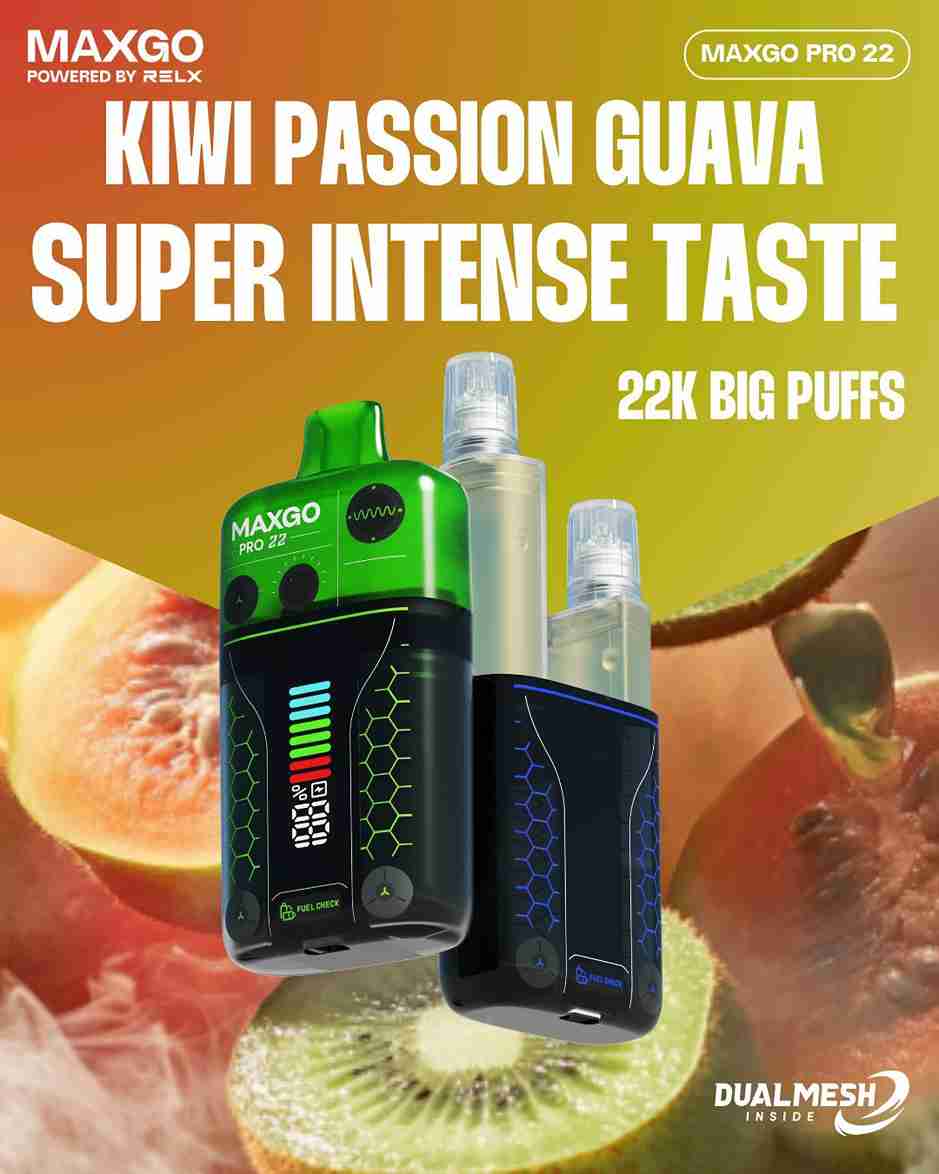 RELX Maxgo 22k Disposable Vape Box of 5 - with Kiwi Passion Guava flavour 