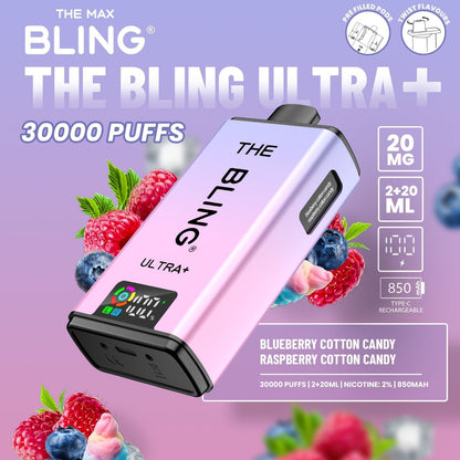 The Bling Ultra Plus 30k Prefilled Vape Pod Kit Box of 5 available in Blueberry Cotton Candy Raspberry Cotton Candy Flavour at UK Vaper Wholesale