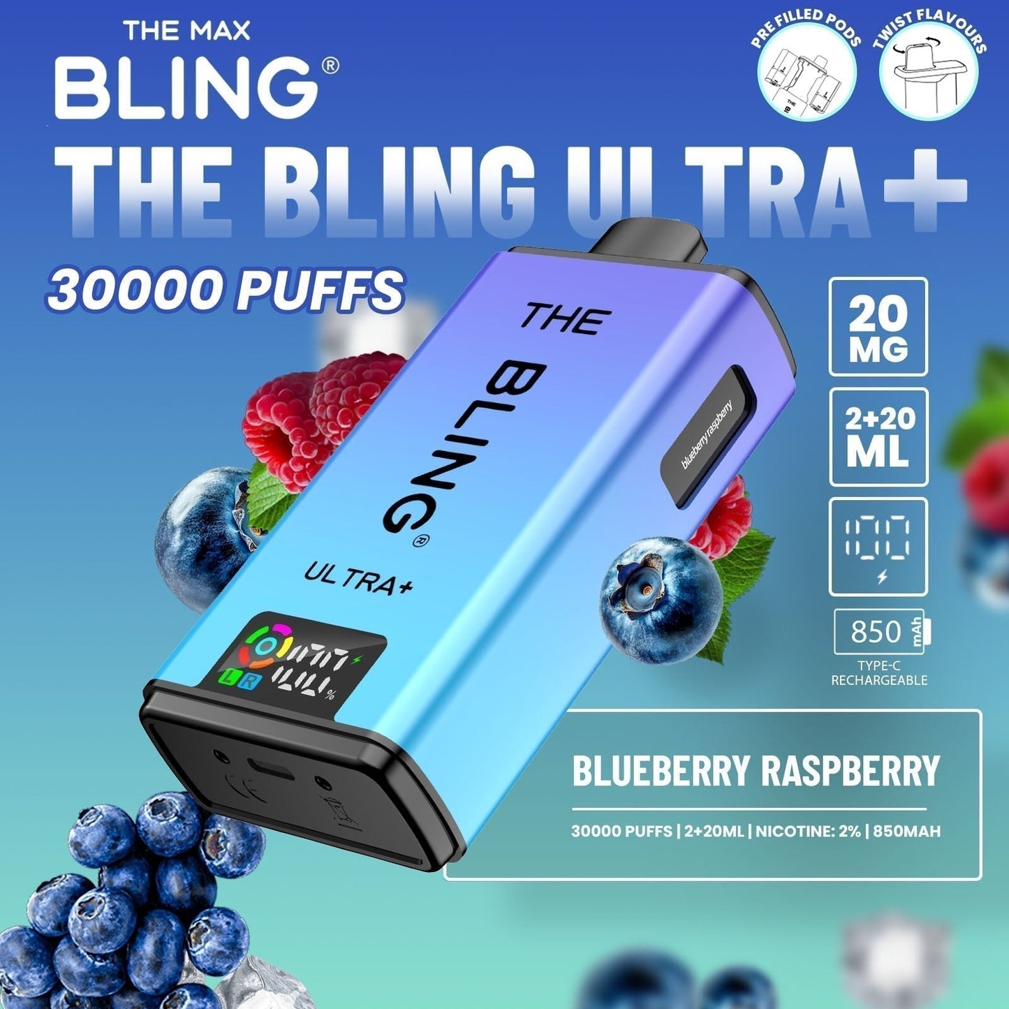 The Bling Ultra Plus 30k Prefilled Vape Pod Kit Box of 5 available in Blueberry Raspberry Flavour at UK Vaper Wholesale