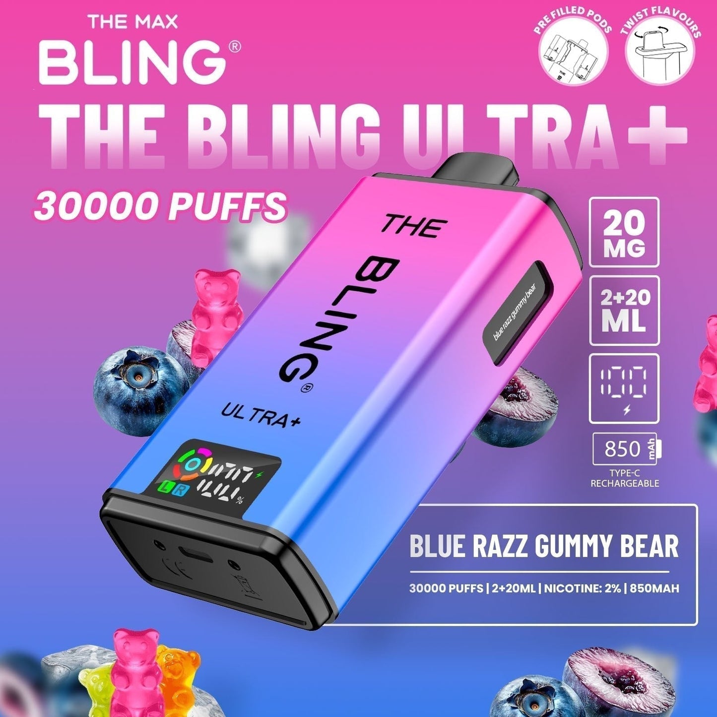 The Bling Ultra Plus 30k Prefilled Vape Pod Kit Box of 5 available in Blue Razz Gummy Bear Flavour at UK Vaper Wholesale