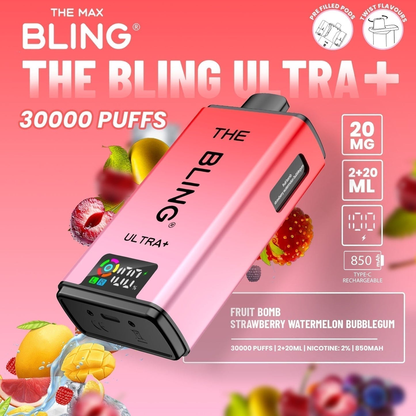 The Bling Ultra Plus 30k Prefilled Vape Pod Kit Box of 5 available in Fruit Bomb Strawberry Watermelon Bubblegum Flavour at UK Vaper Wholesale