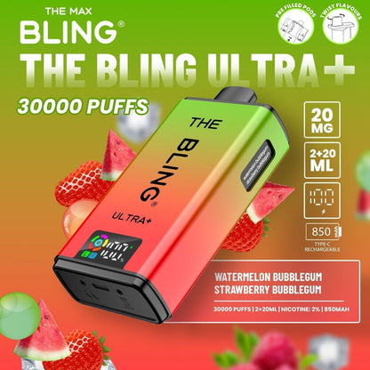 The Bling Ultra Plus 30k Prefilled Vape Pod Kit Box of 5 available in Watermelon Bubblegum Strawberry Bubblegum Flavour at UK Vaper Wholesale